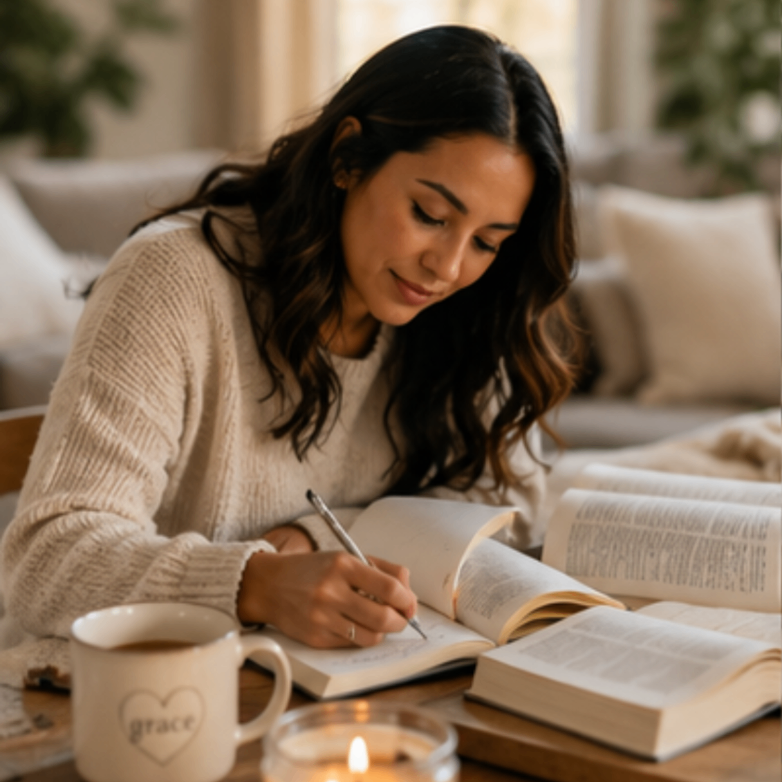 Woman writing in a journal with an open Bible and a grace mug nearby